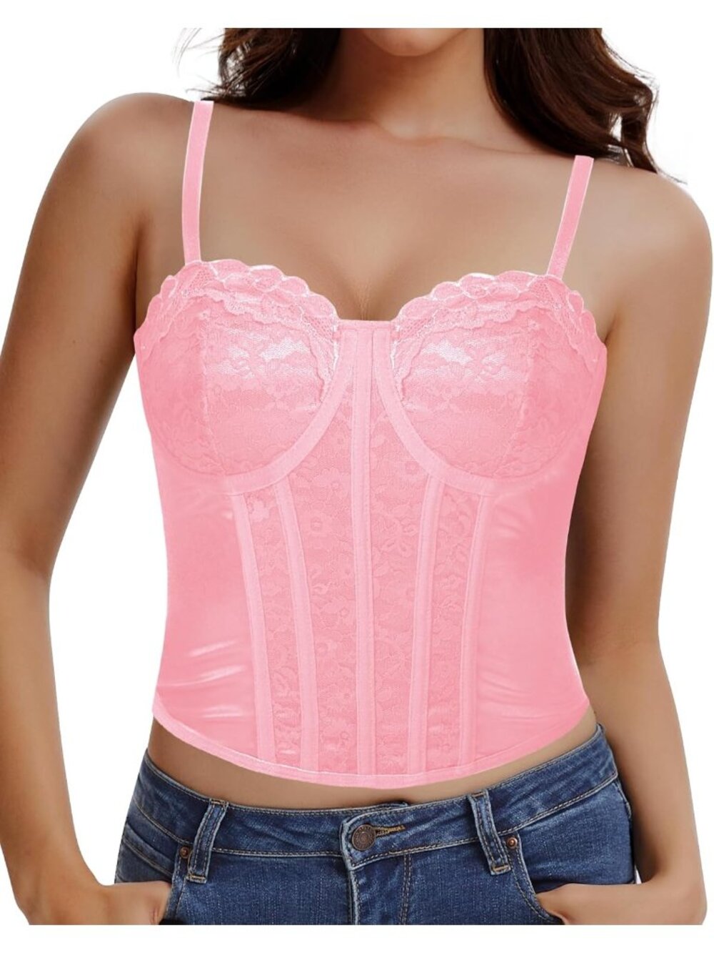 Women's Pink Underwire Sheer Boned Fit Spaghetti Strap Lace Bustier Corset Top